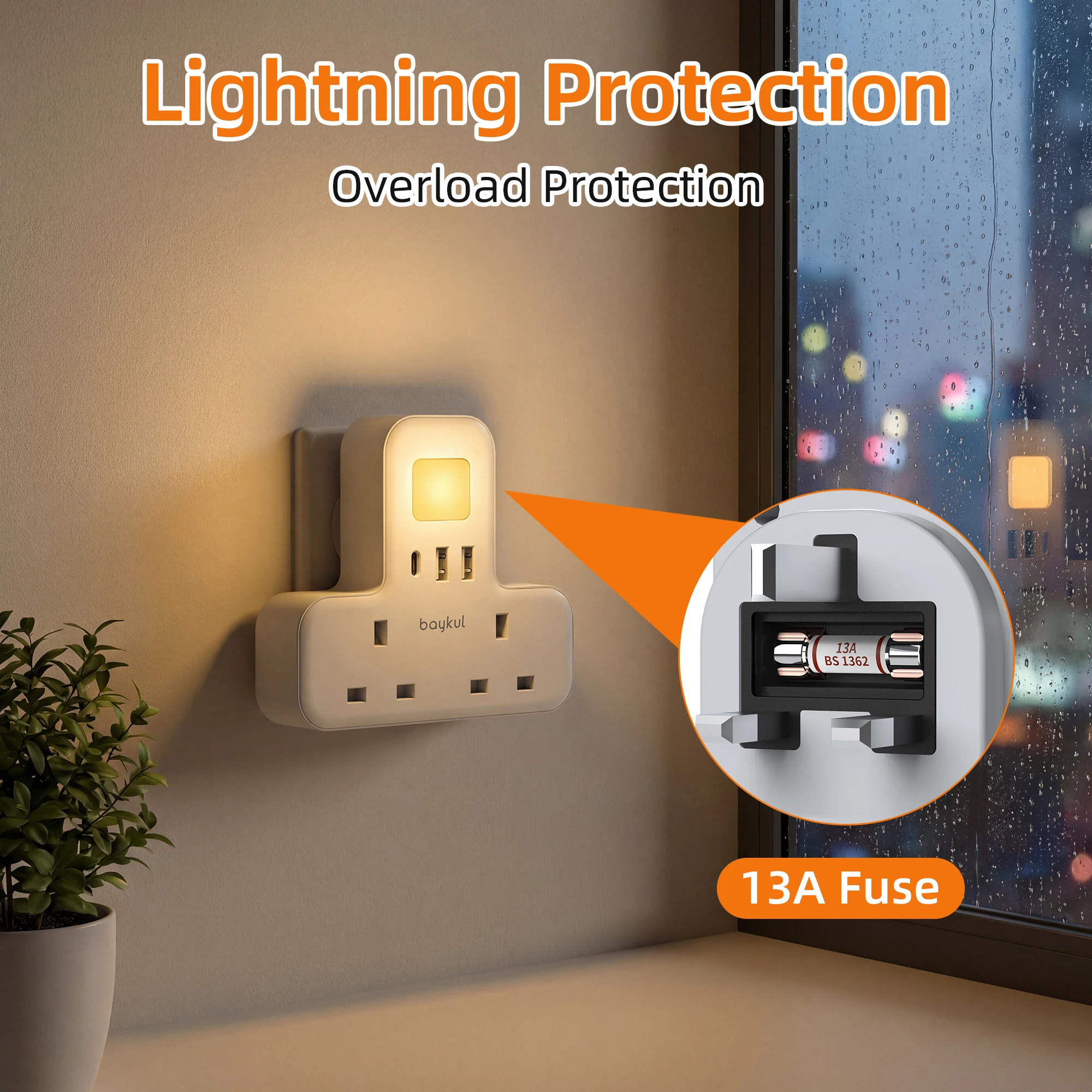 baykul Wall-Mounted UK Plug Extender, T-Shaped Multi Socket Adaptor with 2 AC Outlets, 2 USB-A & 1 USB-C Ports, 2-Level Dimmable Night Light, 13A Fused Overload Protection,White