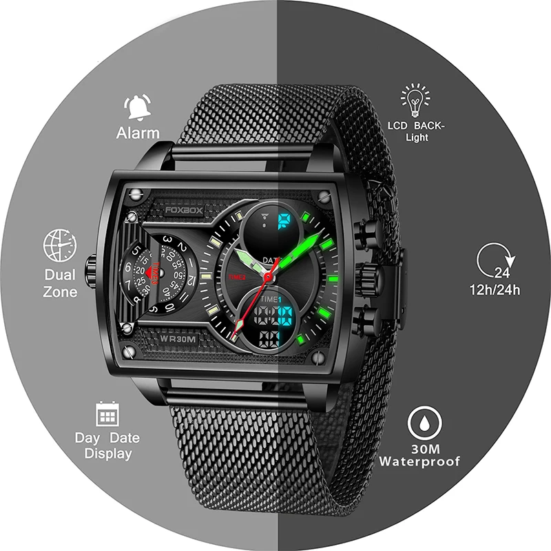 LIGE Fashion Square Man Watch Luxury Brand FOXBOX Casual Sports Watch Waterproof Chronograph Clock Dual Display Wrist Watches