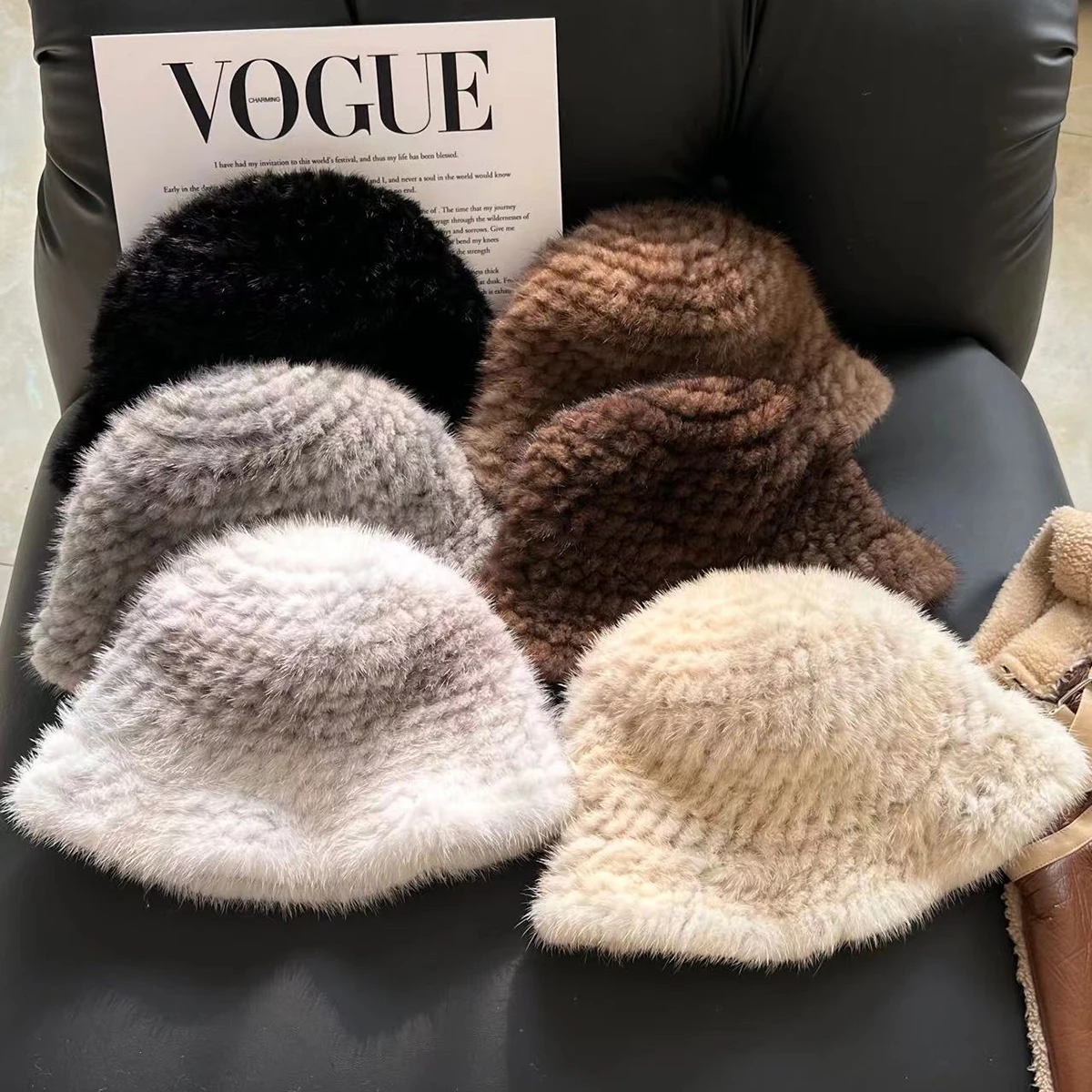 Echte Nerzpelz Fischer hut für Frauen Winter verstellbare gestrickte Pelzmütze Luxus echte Nerz Pelzmütze natürliche Nerz Fell Bomber mütze – Detail 2