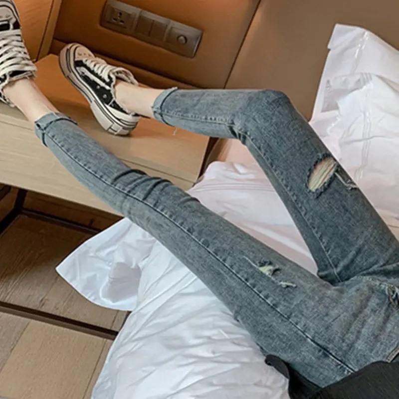

Ripped High Waist Jeans Women's Slim Skinny Pants Korean Version 2022 Spring and Autumn New Slim Nine-point Pants
