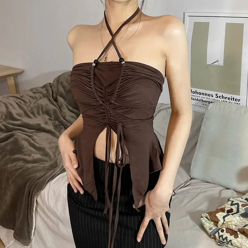 

Strapless Foreign Fashion Hanging Neck Type Halter Seaside Short Section Slim Thin Design Sense Undershirt 2023 Summer New