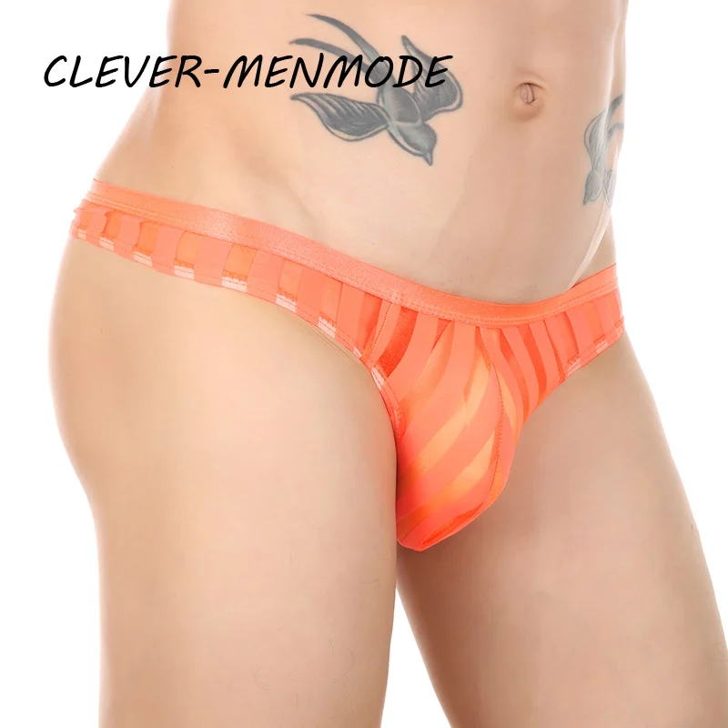 CLEVER-MENMODE Sexy Men's Underwear Transparent See Through Striped Thong Breathable Mesh Bikini U Convex Bulge Pouch Panties male underwear