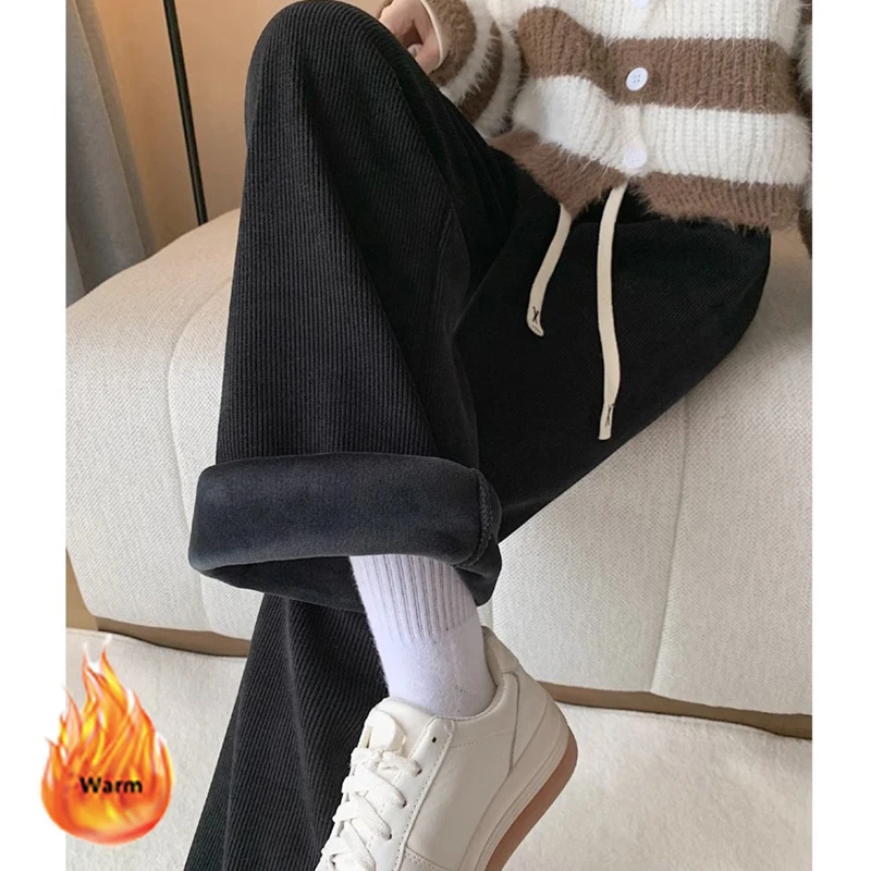 Lambwool Winter Wide Leg Pants Women Solid Drawstring High Wasit Baggy Trousers Snow Wear Plus Velvet Fluffy Casual Pantalones