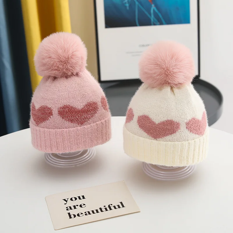 Autumn Winter Baby Girl Hat with Pompom Heart Pattern Kids Beanie Caps Warm Knitted Infant Toddler Bonnet Hats Baby Accessories