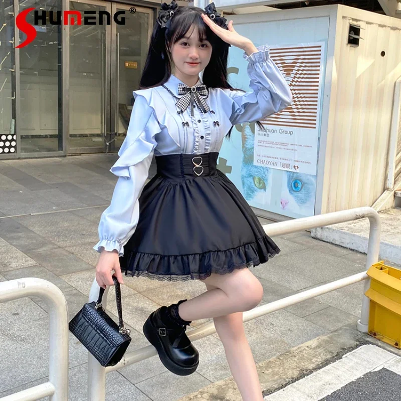 Japanese Lolita Mine Series Suit Ruffles Waist Trimming Shirt Stitching Lace Blouse Mini Skirts Two-Pieces Set Outfits For Women tank tops ditsy floral button ruffles o neck blouse in multicolor size m
