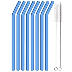 Set of 8 Reusable Glass Straws with Cleaning Brushes - Eco - Friendly and Durable for Smoothies and Cocktails (Blue)