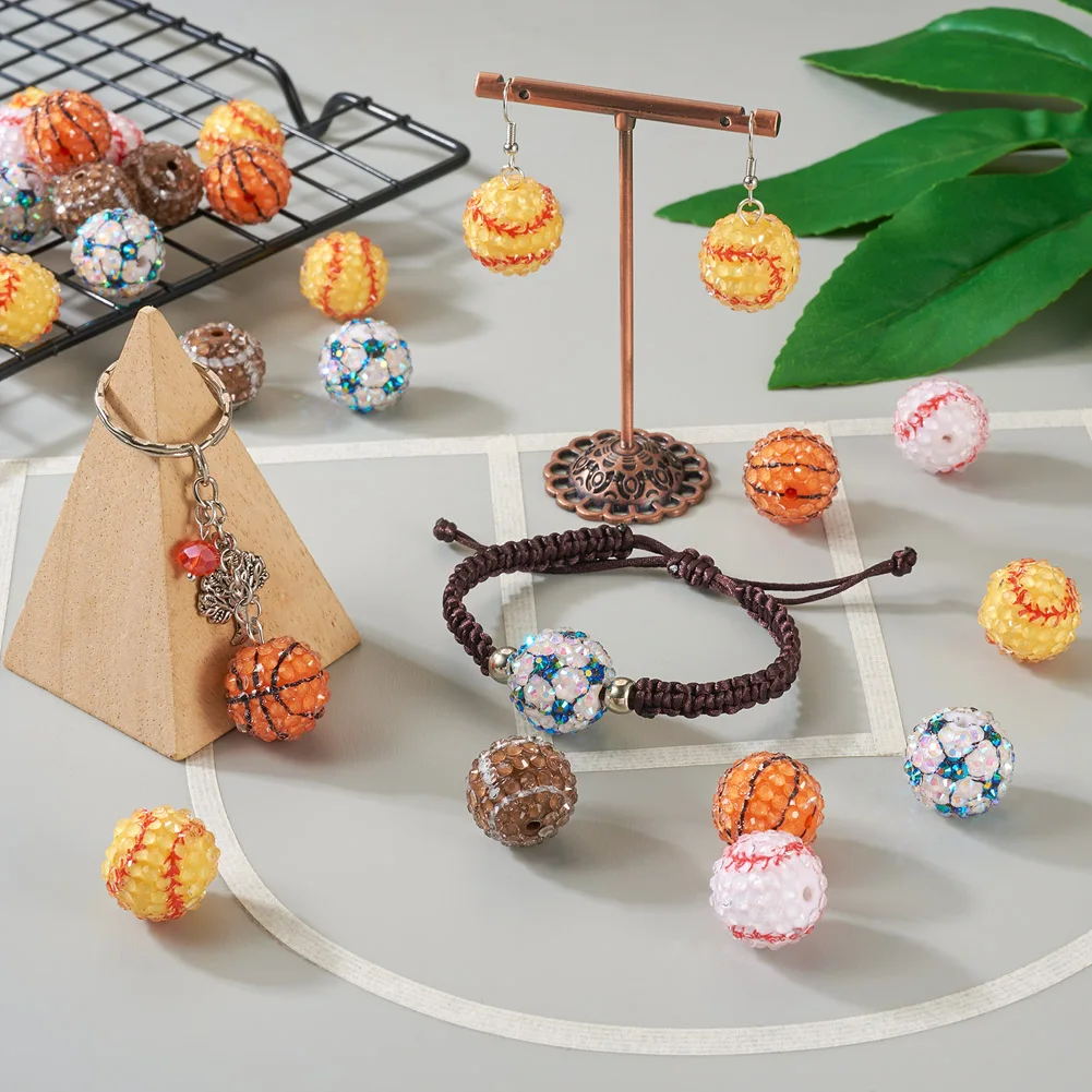 30Pcs Sport Resin Rhinestone Beads Basketball Football Baseball Round Loose Spacer Chunky Beads Charms for Jewelry Making 20mm