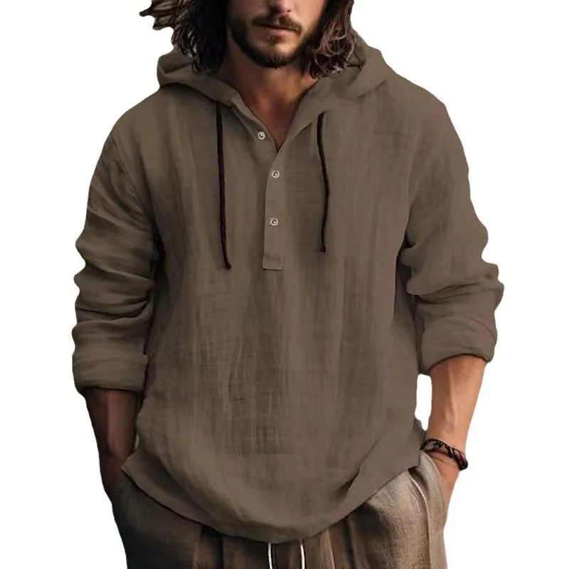 Cotton Linen Hooded Coat for Men Autumn Spring