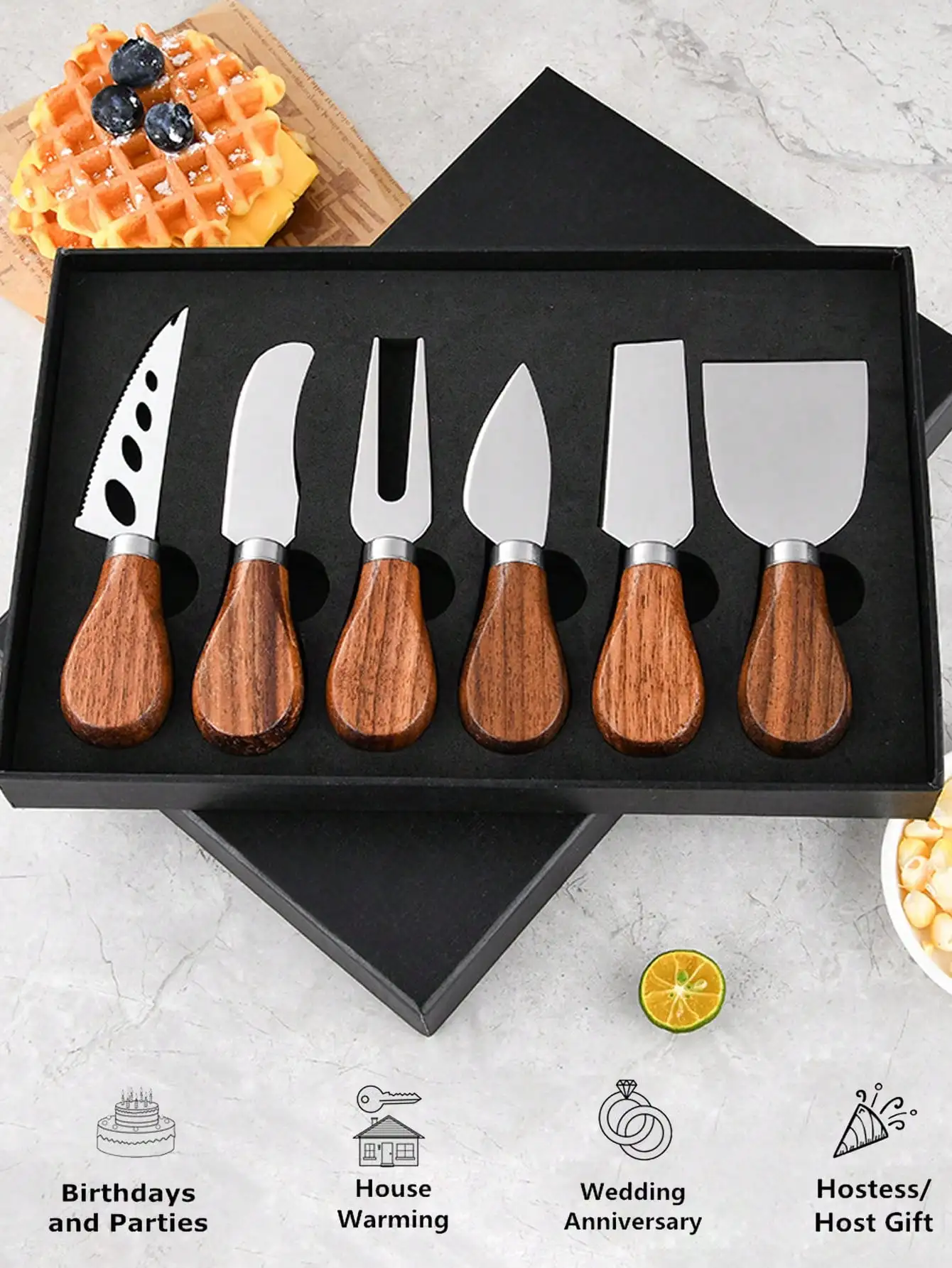 Leeseph 6-Piece Cheese Knife Set Complete Stainless Steel Cheese Knives Collection (Acacia Wood Handle) Christmas Gifts