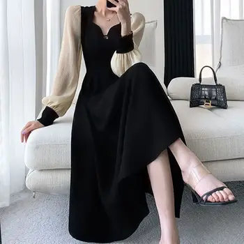 Abito con giunture con colletto quadrato per donna 2025 Autunno Nuovo stile Temperamento che abbraccia la vita e piccola gonna nera sottile 1