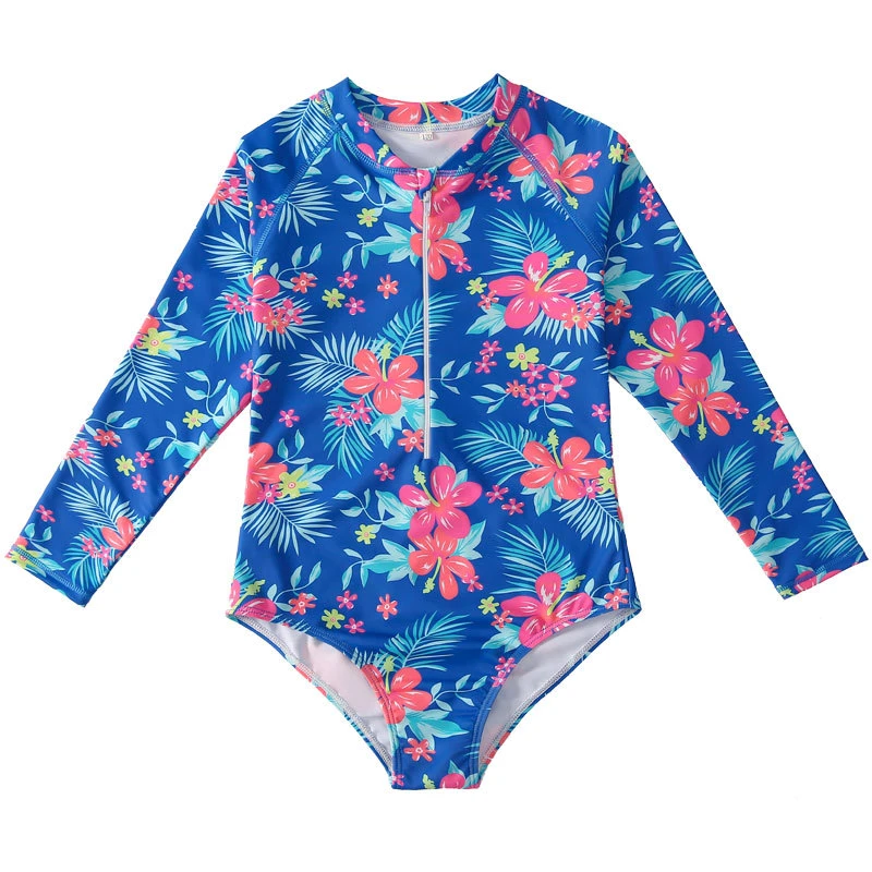 2022 New Little Girls Swimsuit Long Sleeve Floral Onepiece Swimwear
