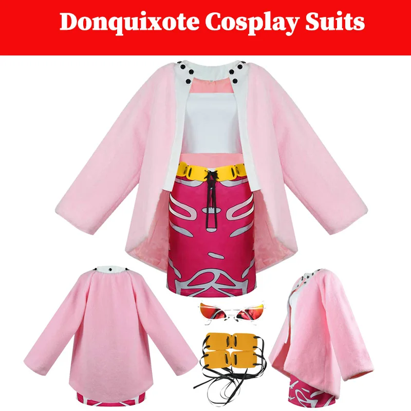 

Doflamingo Cosplay Women Costume Anime Pirate Disguise Coat Skirts Belt Glasses Set Female Halloween Carnival Suits