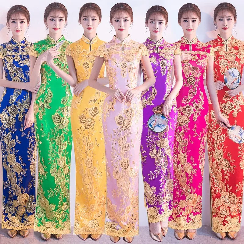 

2024 New Qipao Embroider Sequins Banquet Dressing Gown Women Elegant Cheongsam Vintage Mandarin Collar Chinese Style Dresses