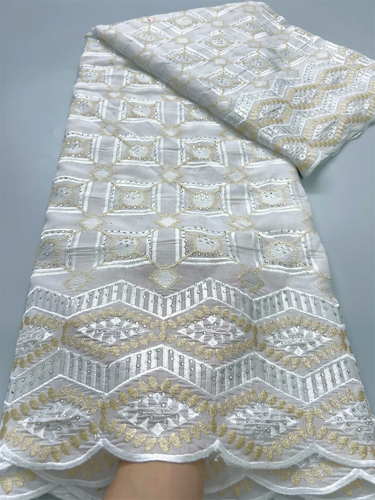 

White African Lace Fabric 2024 High Quality Lace Embroidery Cotton Lace Fabric with Crystal for Elegant Party Dresses Sew F3852
