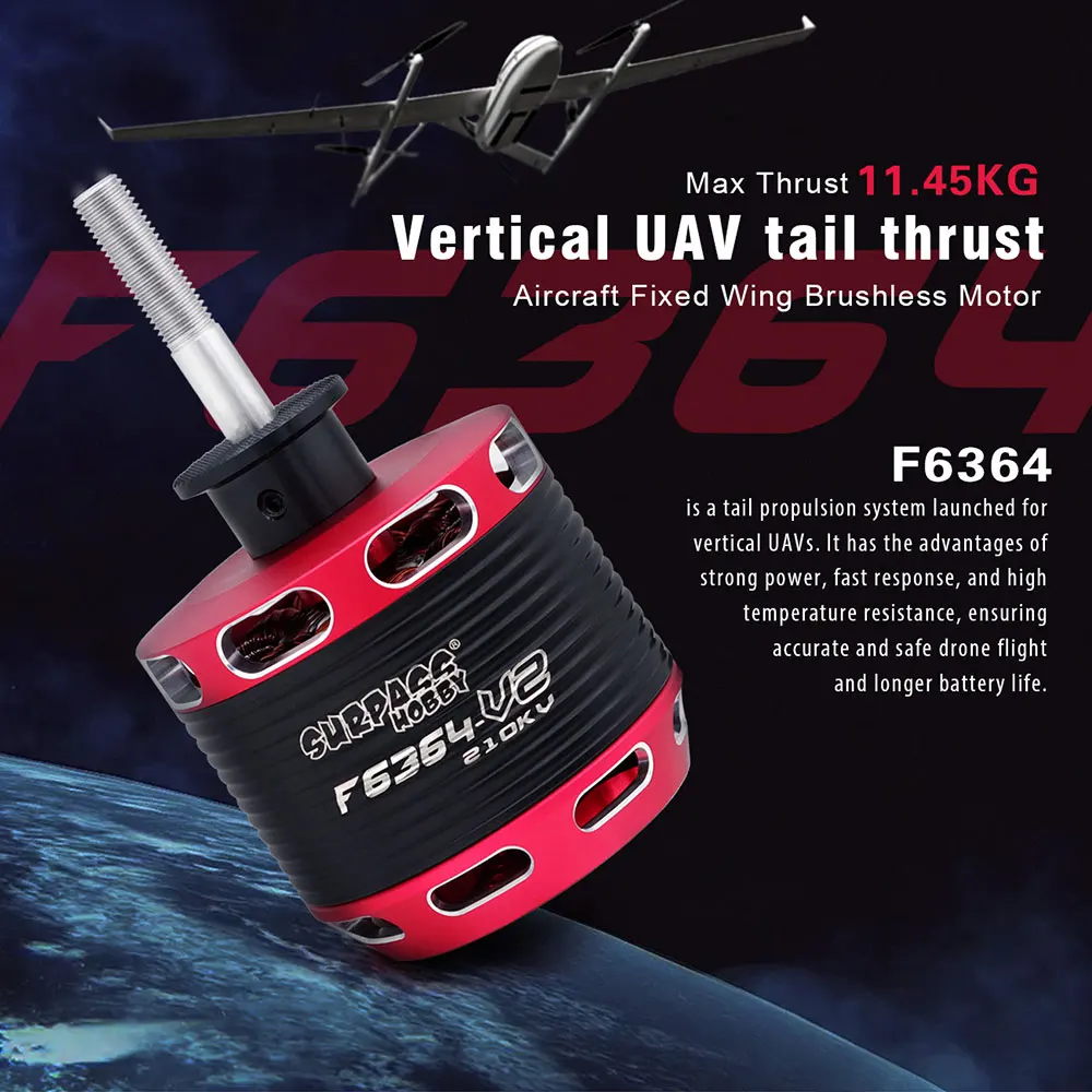 Moteur RC F6364 pour drone monté sur un châssis, poussée verticale queue UAV haute performance, câbles connectés.