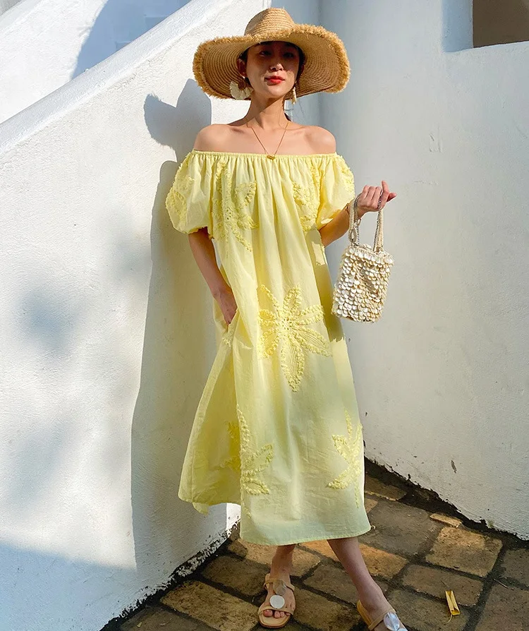 

Женское платье с вышивкой, желтое Повседневное платье до середины икры с коротким рукавом, лето 2024