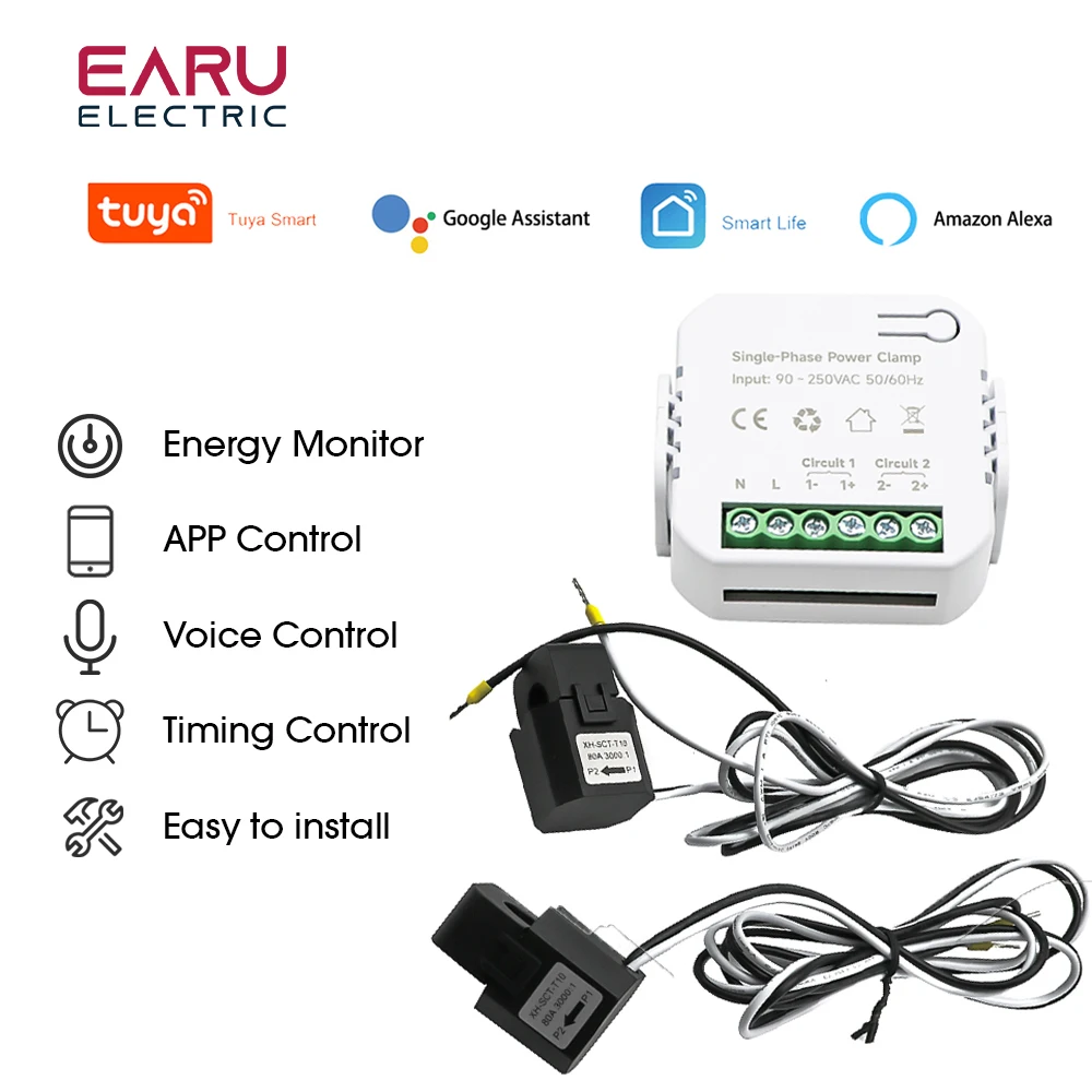 Medidor de energía WiFi bidireccional inteligente, Monitor de consumo de electricidad, CA 110V, 220V, con abrazadera, CT, KWh, aplicación Tuya, 80-300A