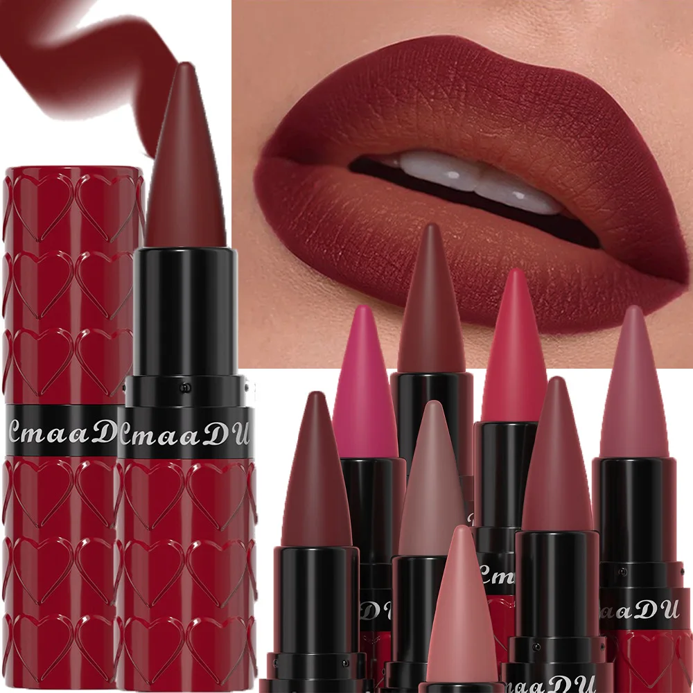 New Velvet Matte Lipstick Pencil Waterproof Lasting Sexy Nude Red Brown Lipstick Non-sticky Cup Solid Lip Gloss Lip Liner Makeup_voghion.com