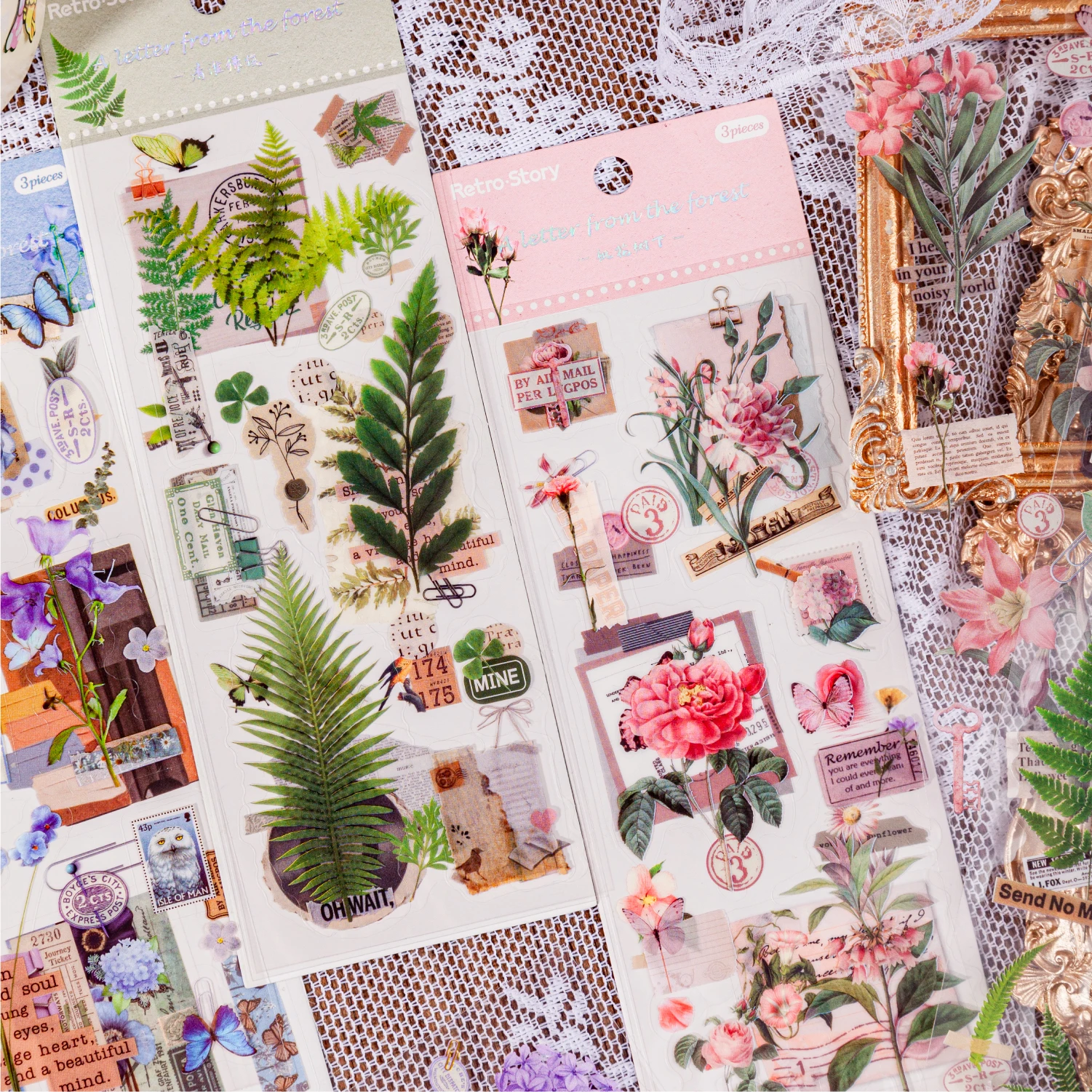 

3 Sheets /Pack Assorted Flower Plant Stickers Vintage Style Scrapbooking Design Material Notebooks Sketchbook Collage Supplies