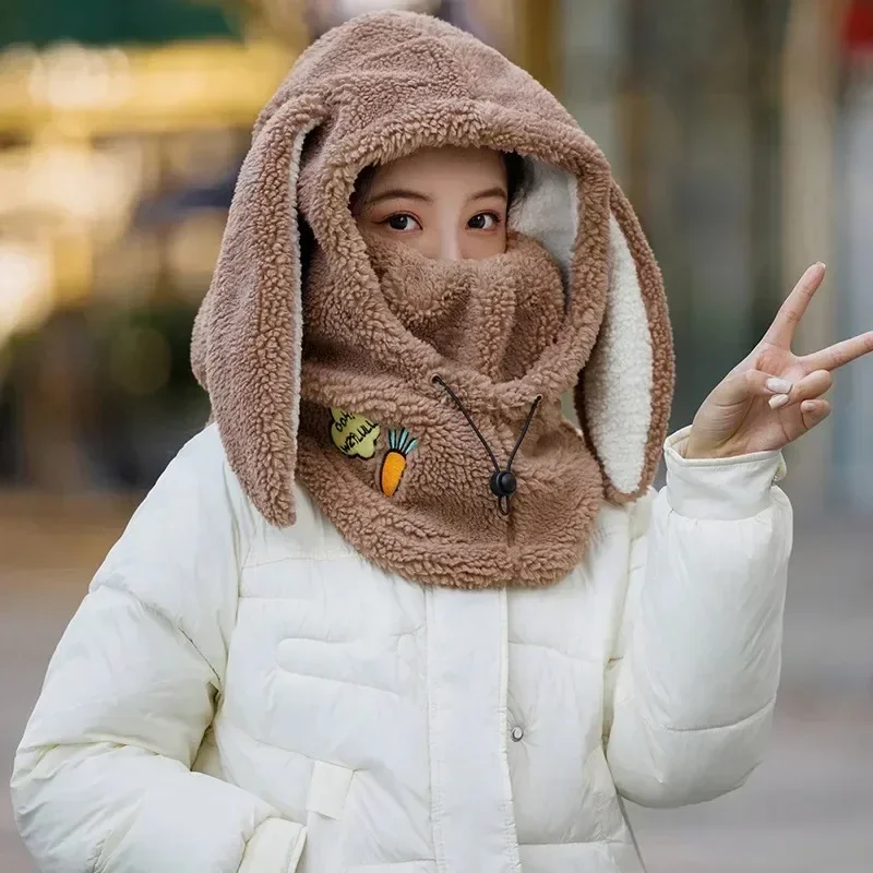 Winter Rabbit Ear Hat Cartoon Cycling Skiing Helmet Cover Cold-proof Keep Warm Plush Cap For Women knitted bunny hat winter cycling cap ski helmet