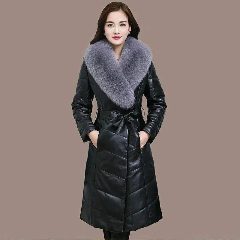 

PU Leather Faux Fur Coat Women Winter New Fashion Slim Imitation Fox Fur Collar Jacket Female Large Size Thick Long Outerwear