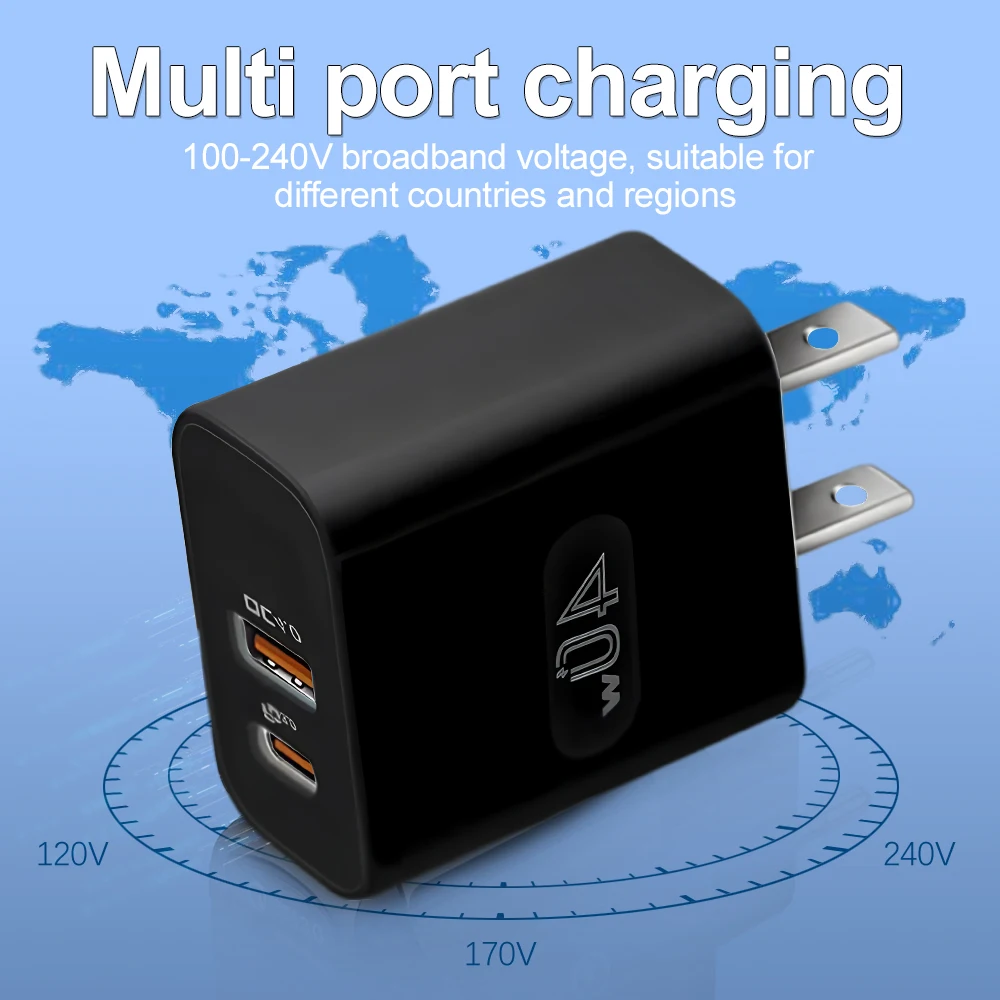 USB C Charger 40W Fast Charging Charger 2Ports Type C Mobile Phone Charger PD Power Adapter for Samsung Xiaomi for iPhone QC3.0