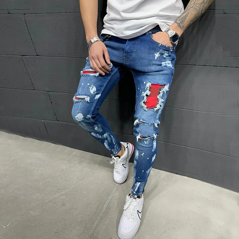 Men's Skinny Ripped Jeans Plaid 