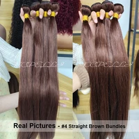 Extensions de Cheveux Humains Lisses avec Closure, Bundles Chocolat Marron, Tissage 100% Cheveux Humains, Frontal en Dentelle HD 4x4 13x4 2