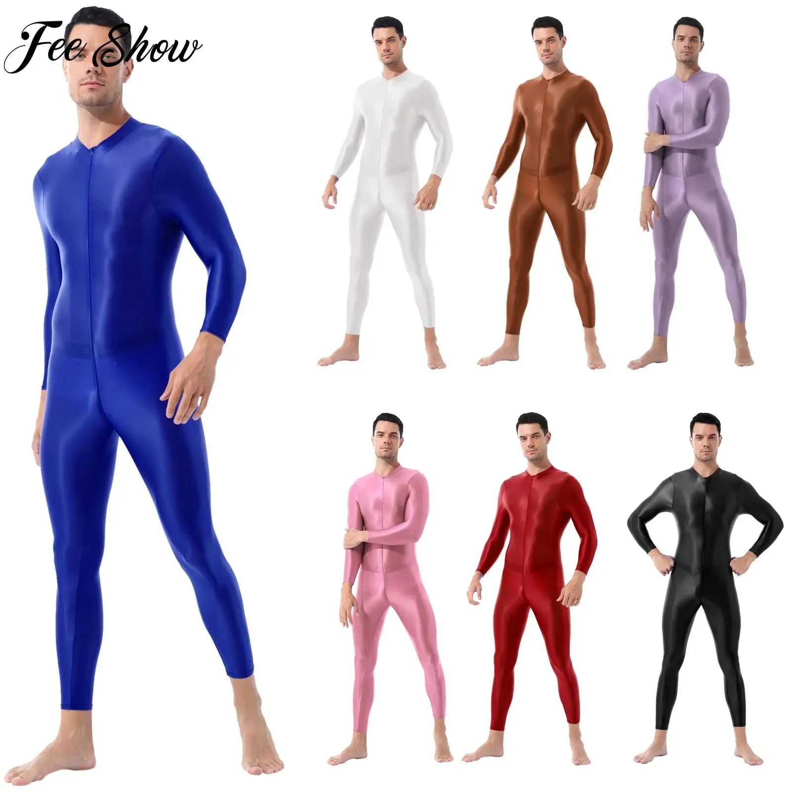 

Mens Smooth Lingerie Bodysuit Long Sleeves Zipper Leotard Clubwear Club Costume Rave Party Workout Fitness Gymnastics Jumpsuit