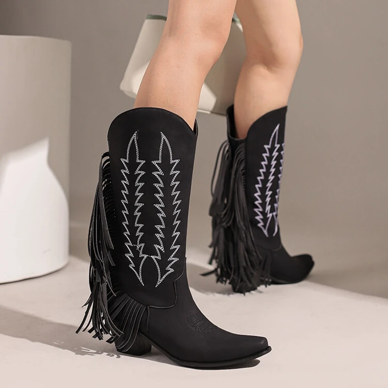 

BLXQPYT Botas De Mujer 2022 модные с бахромой вышивкой стильные сапоги до колена женские на высоком каблуке Женская обувь Женская мода 48 W-9