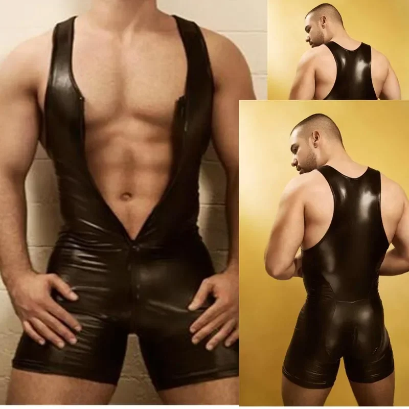 

Men Lingerie Bodysuit Black Sexy Wetlook Faux Leather Zipper Open Bust Stretch Tight Erotic Catsuit Fetish Gay Costumes Clubwear