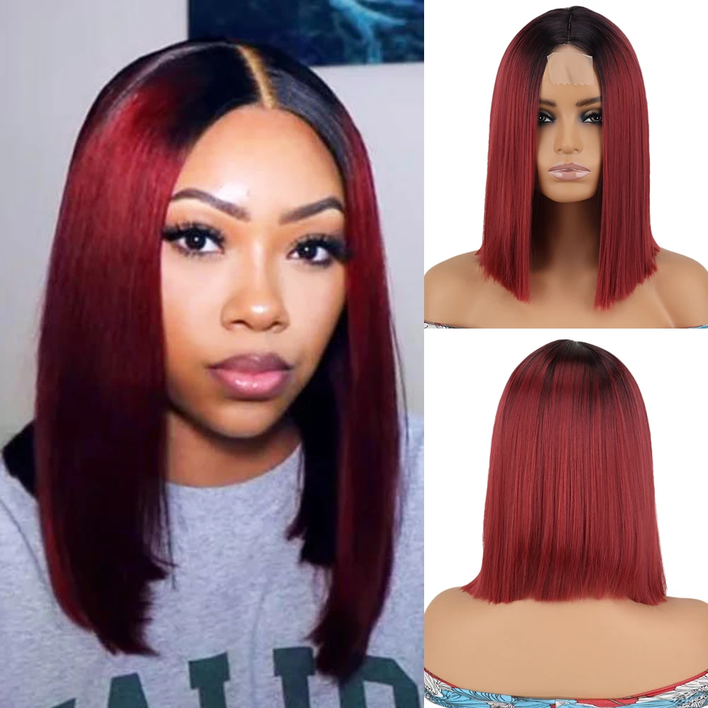 Short Black Wine Red Gradient Bobo Wigs For Black Women Hairs Gold Synthetic High Temperature Resistant Wig