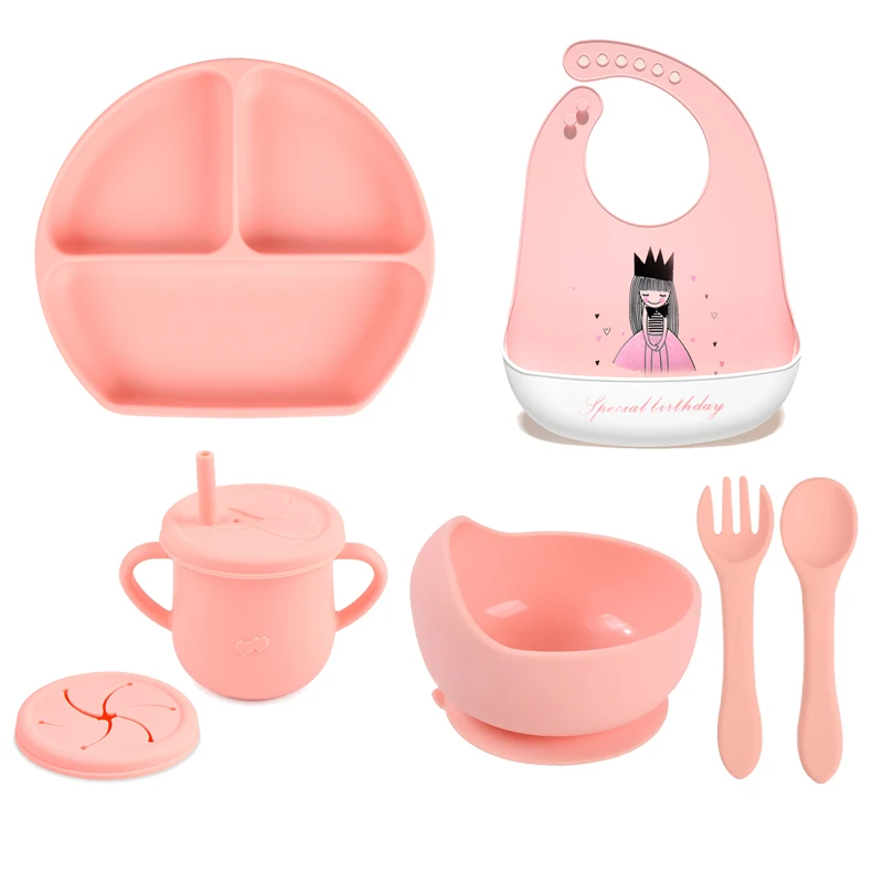 7pcs/set Silicone Sucker Bowl Plate Cup Print Bibs Spoon Fork Sets Children Non-slip Tableware Baby Feeding Dishes BPA FREE