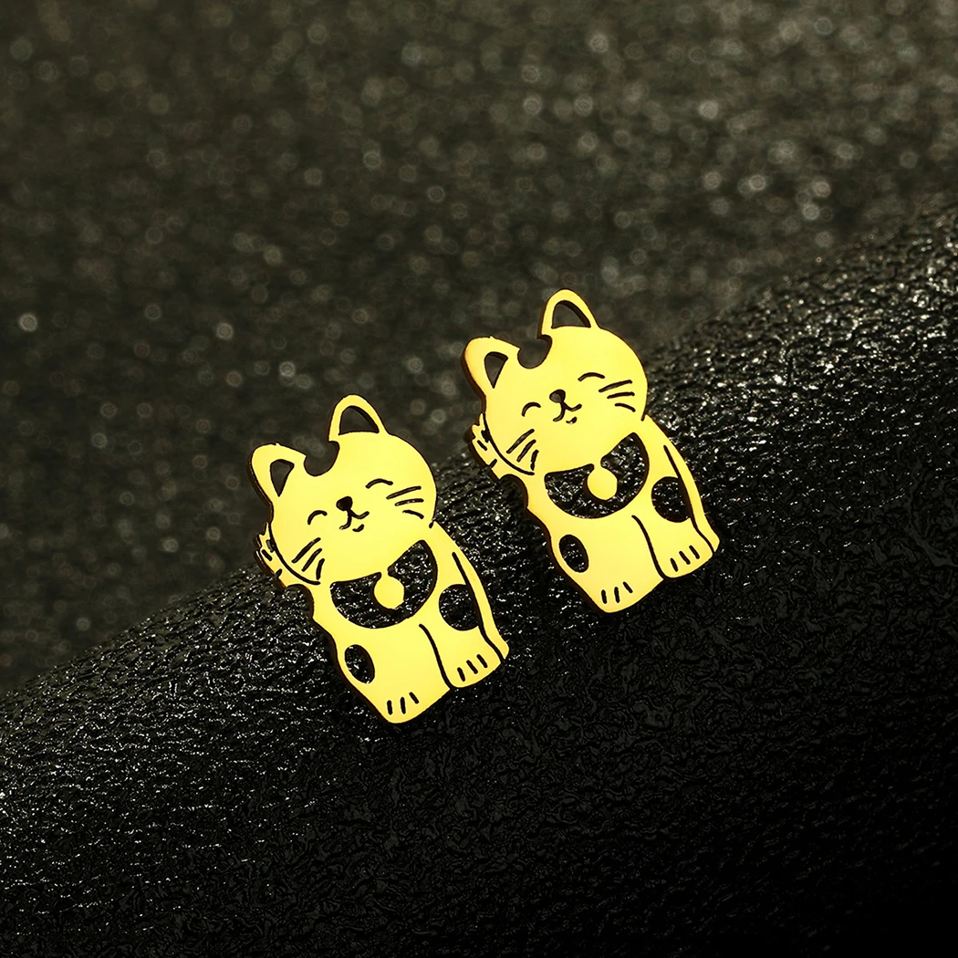 QIMING Lovely Animal Fortune Cat Stud Earrings Women Stainless Steel Jewelry Girls Good Luck Earrings Gift 5