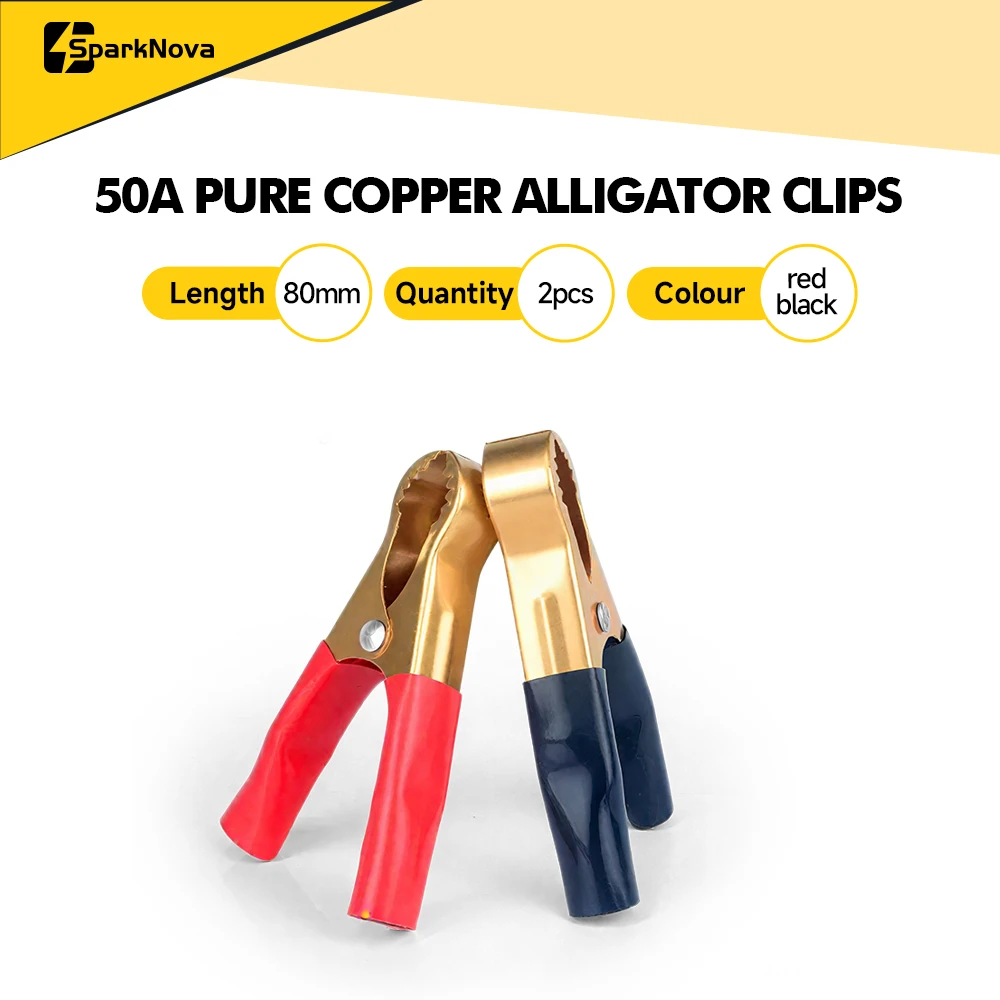 2 ชิ้นขนาดใหญ่คลิปจระเข้ทองแดงบริสุทธิ์ 50A 80 มิลลิเมตรสีแดงคลิปจระเข้สีดําสําหรับรถแบตเตอรี่ Electronics คลิปทดสอบ Heavy Duty 1