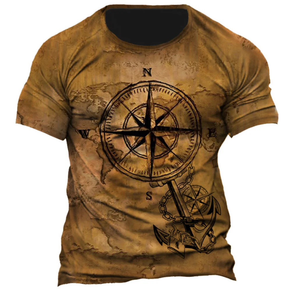 Summer T-shirt Men 3D Compass Print Short Sleeve Tops Navigation Graphic 2023 Vintage T Shirt Oversized Tee Shirt Men Clothing