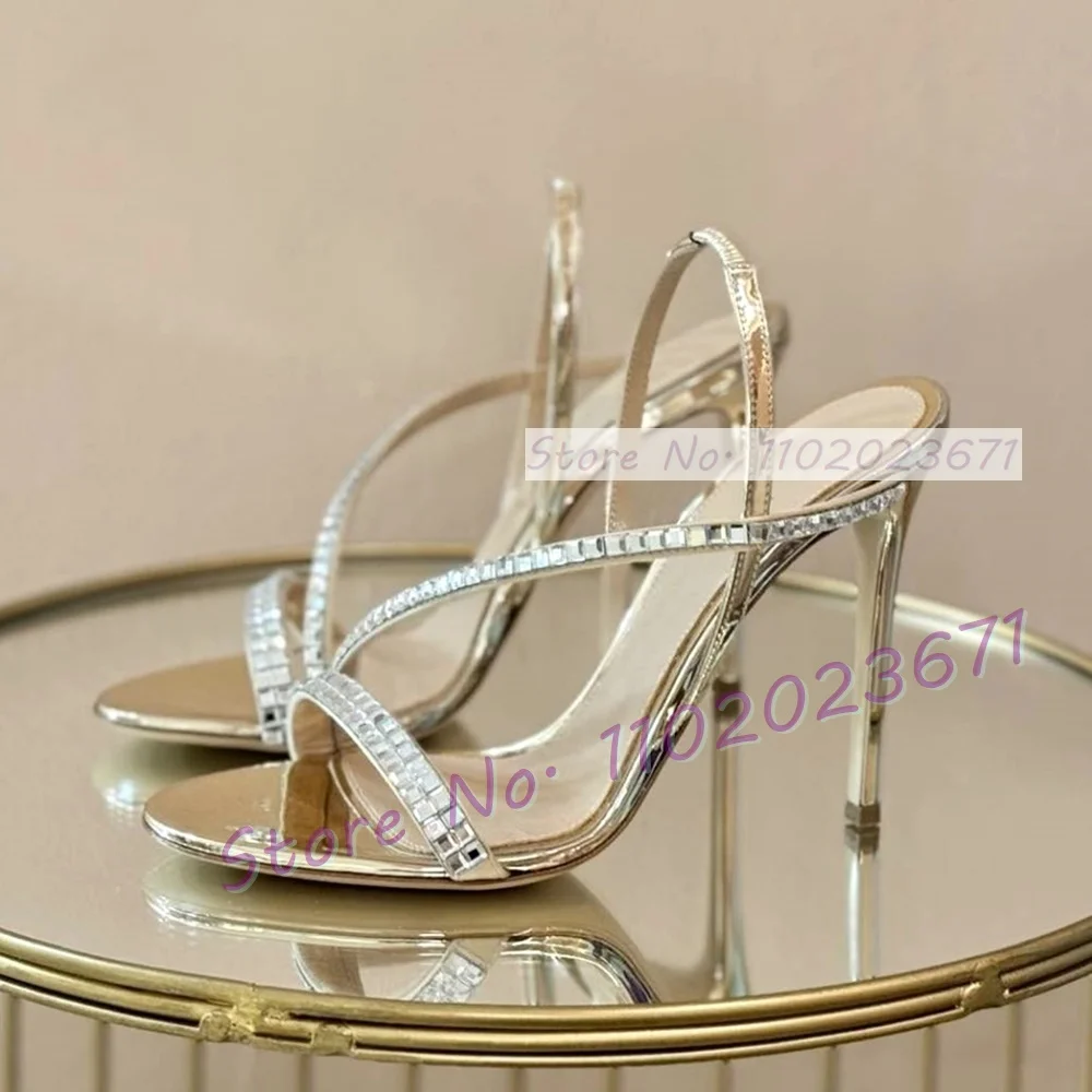 Female Sparkly Slingback Shoes Ladies Party High Heels Open Toe Dress Sandals Square Crystal Cross Straps Luxury