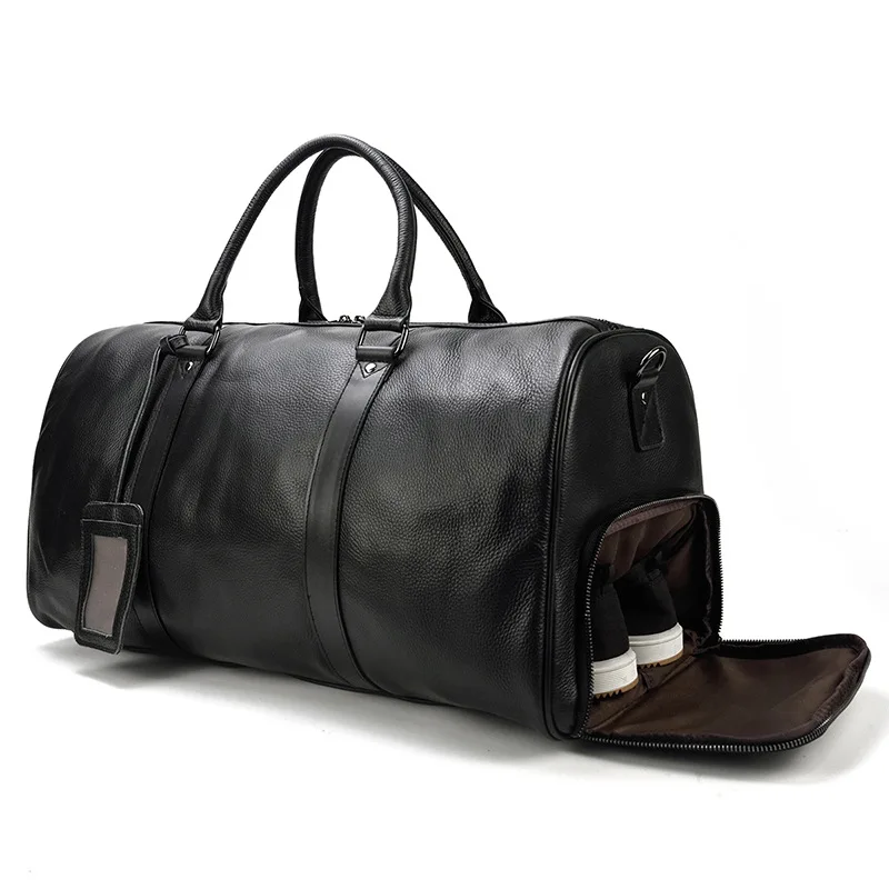 Mens Genuine Leather Travel Bag Black Fitness Bag with Waterproof Shoe Position Handbag Top Layer Cowhide Crossbody Bag