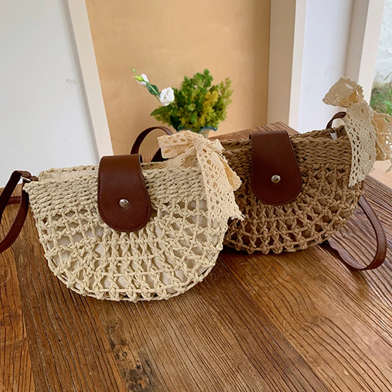 Ladies Semicircle Straw Handbag with Adjustable Strap Casual Hollow Woven Sling Bag for Travel Vacation And Commute