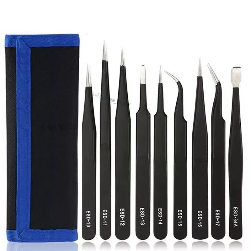 

9pcs/set Anti-static ESD Stainless Steel Tweezers Maintenance Tools Industrial Precision Curved Straight Tweezers Repair Tools