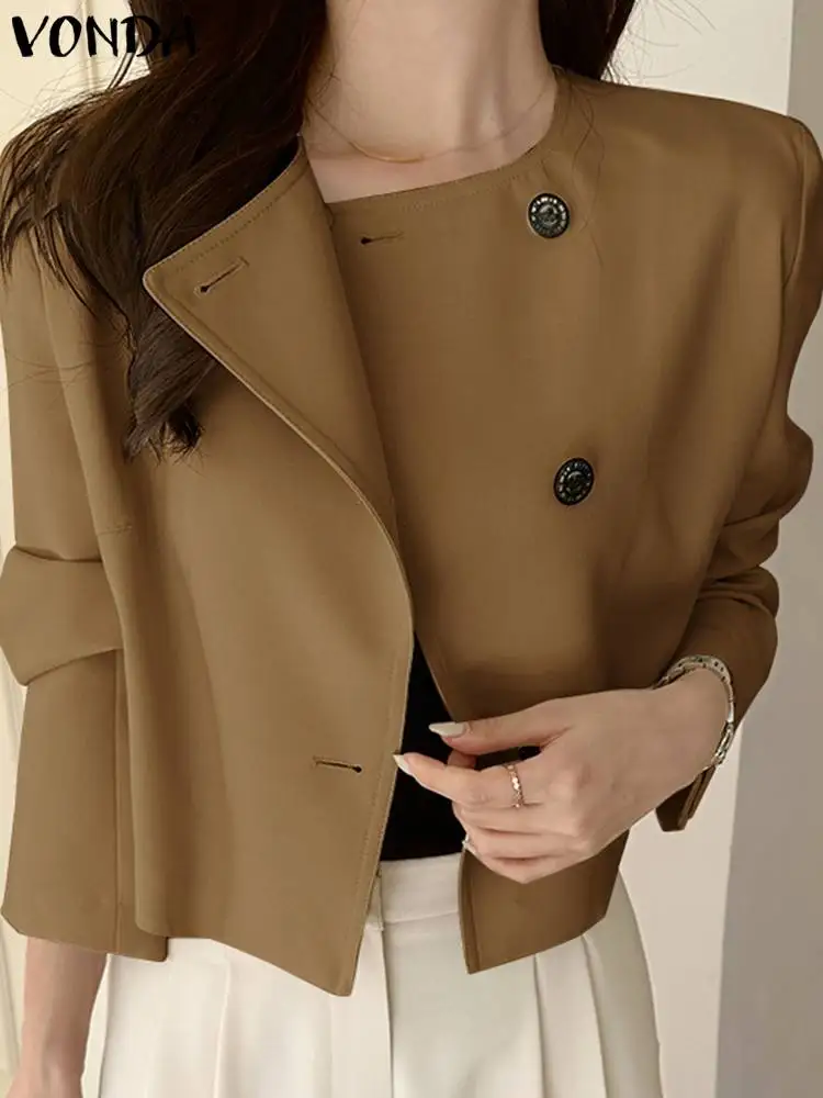 

VONDA Autumn Solid Color Coats Women Fashion Long Sleeve Blazer 2023 Female O Neck Outwears Oversized Casual Loose Blazer Baggy