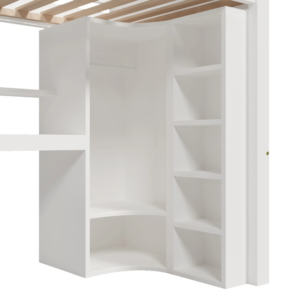 90 x 200 cm/140 x 200 cm hohes Etagenbett, mit LED-Leuchten und Kleiderschrank, Bett mit Schreibtisch und Schubladen, Aufbewahrungsfach, keine Matratze – Detail 10