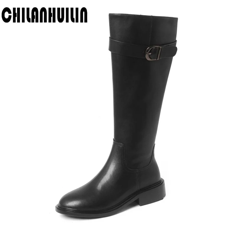

classic design genuine leather knee high boots for women punk style low thick heels metal buckle autumn winter zip riding boots