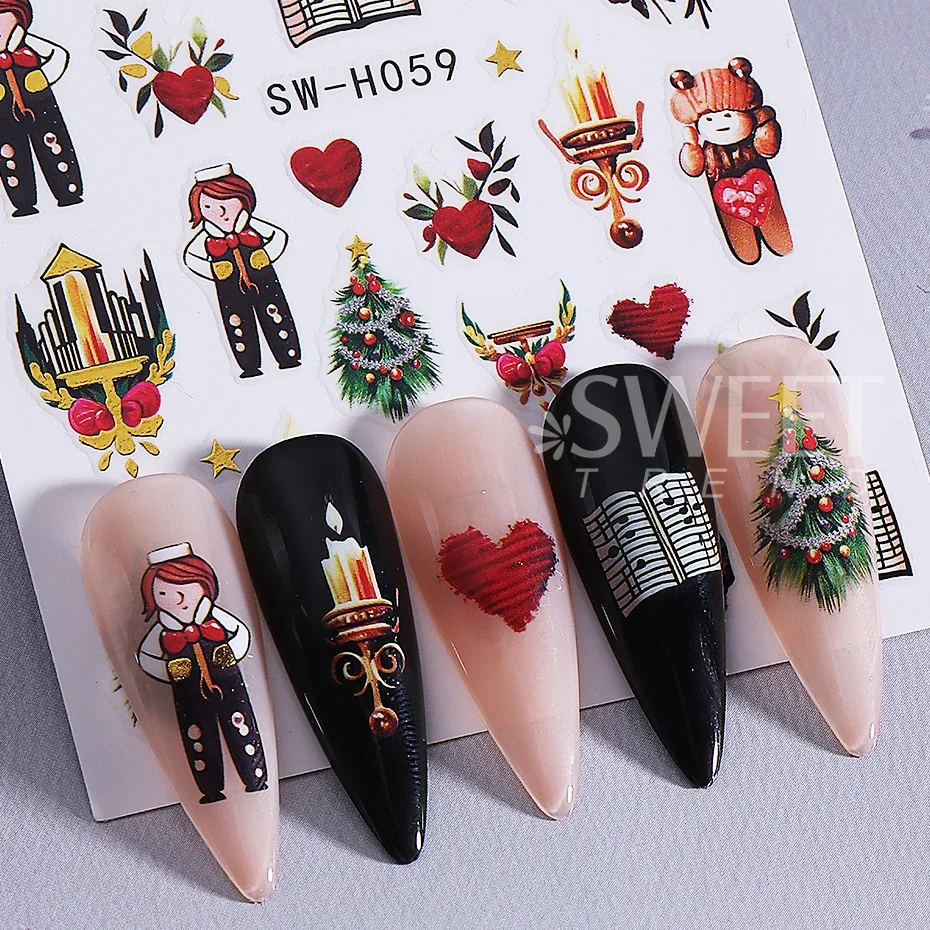 2pcs Cartoon Christmas Nail Stickers Self-Adhesive Winter Xmas Tree Santa Claus Love Nail Decals Manicure Decoration Sliders