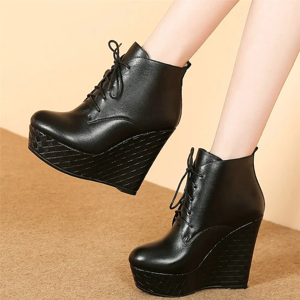 

Increasing Height Pumps Women's Genuine Leather Round Toe Platform Wedge Ankle Boots High Heels Lace Up Oxfords Punk Creeper