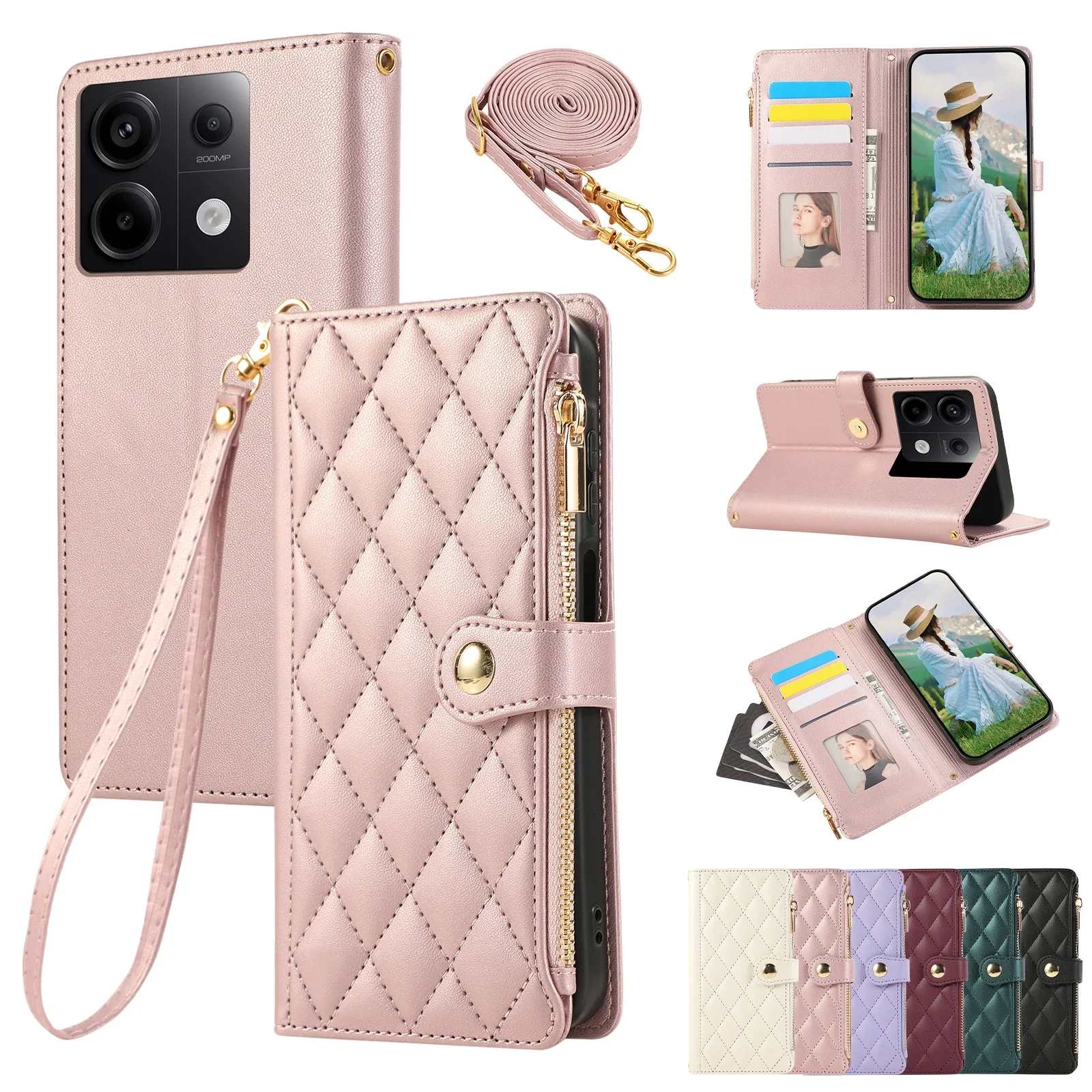 Elegant Crossbody Leather Wallet Case with Zipper and Lanyard - Diamond Design Cover