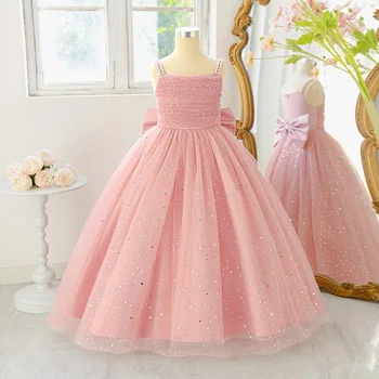 Girls Sequins Pink Long Dress Children Bead Suspender Princess Dress Flower Girl Fluffy Dress Girl Host Performance  Cloth ASQ03 1