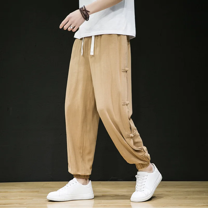 

Spring Summer Linen Casual Pants Men Chinese Style Plate Buckle Cotton Loose Breathable Plus Size Trousers MA449