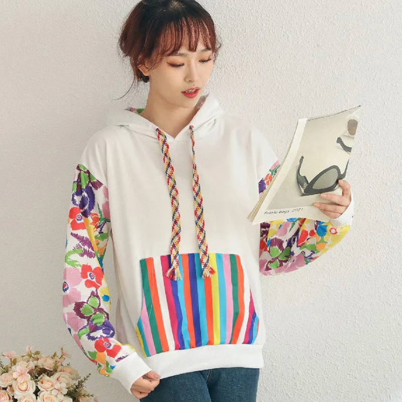 Autumn Winter Flower Fashion Patchwork Women\'s Hoodies Casual Elegant Y2K Tops All Match Pullover Long Sleeve Female Clothes