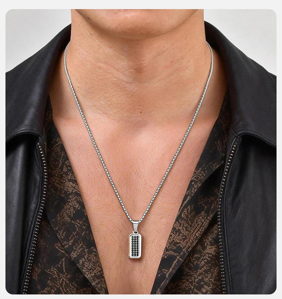 Vnox Edelstahl Geometrischer Hundemarken-Anhänger Halskette für Männer, Kubische Zirkonia Kastenkette Schmuck, Punk-Stil Hip-Hop Halsketten – Detail 2